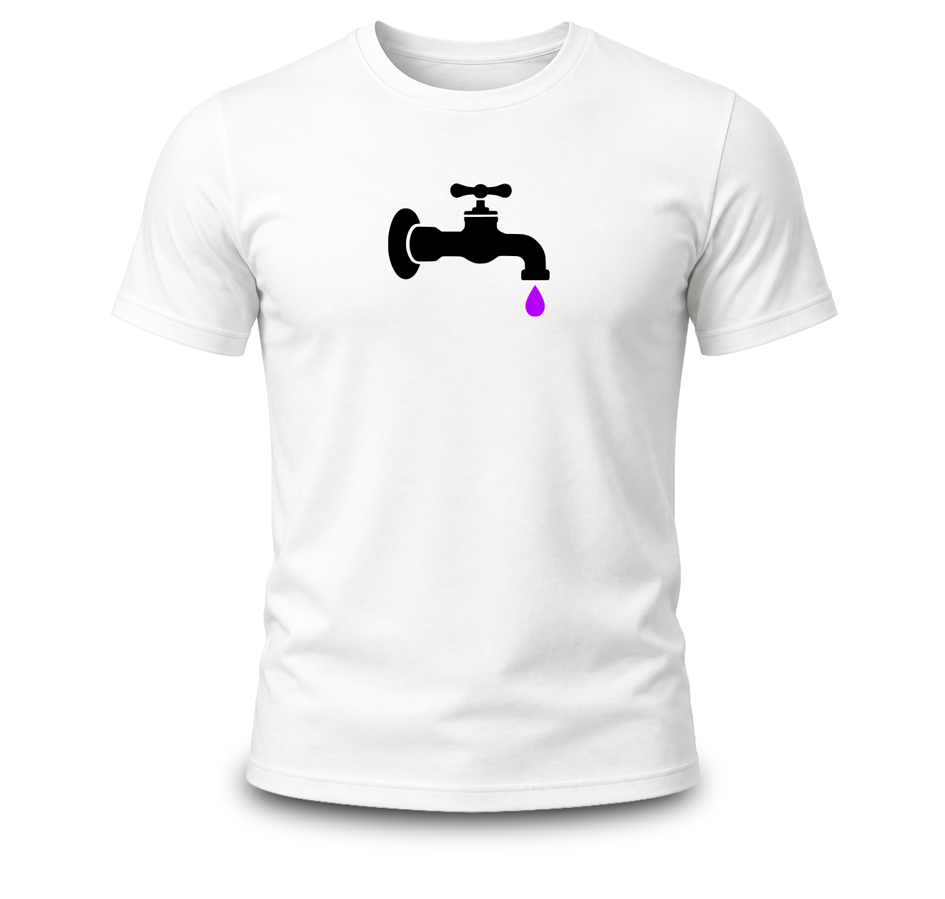 White Faucet T-shirt with black faucet graphic and purple water drop